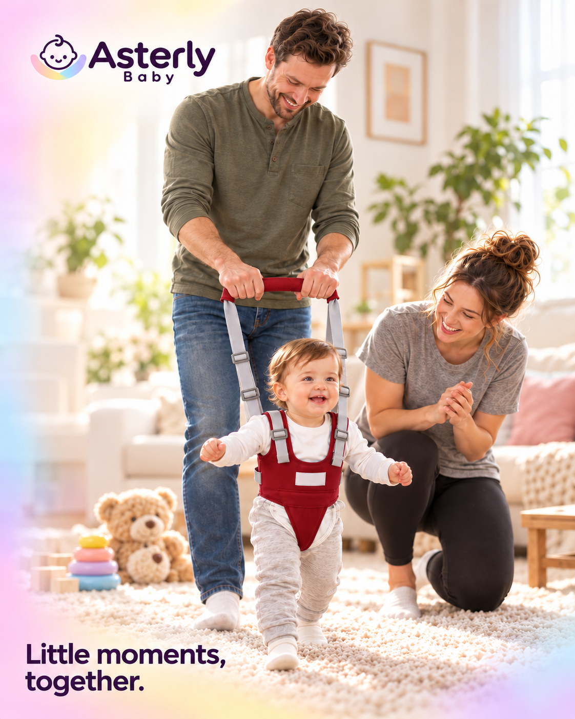Parents guide their toddler using a red walking support harness