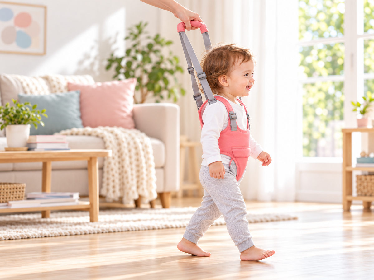 An adult guides a toddler taking a step in a baby walking support harness.